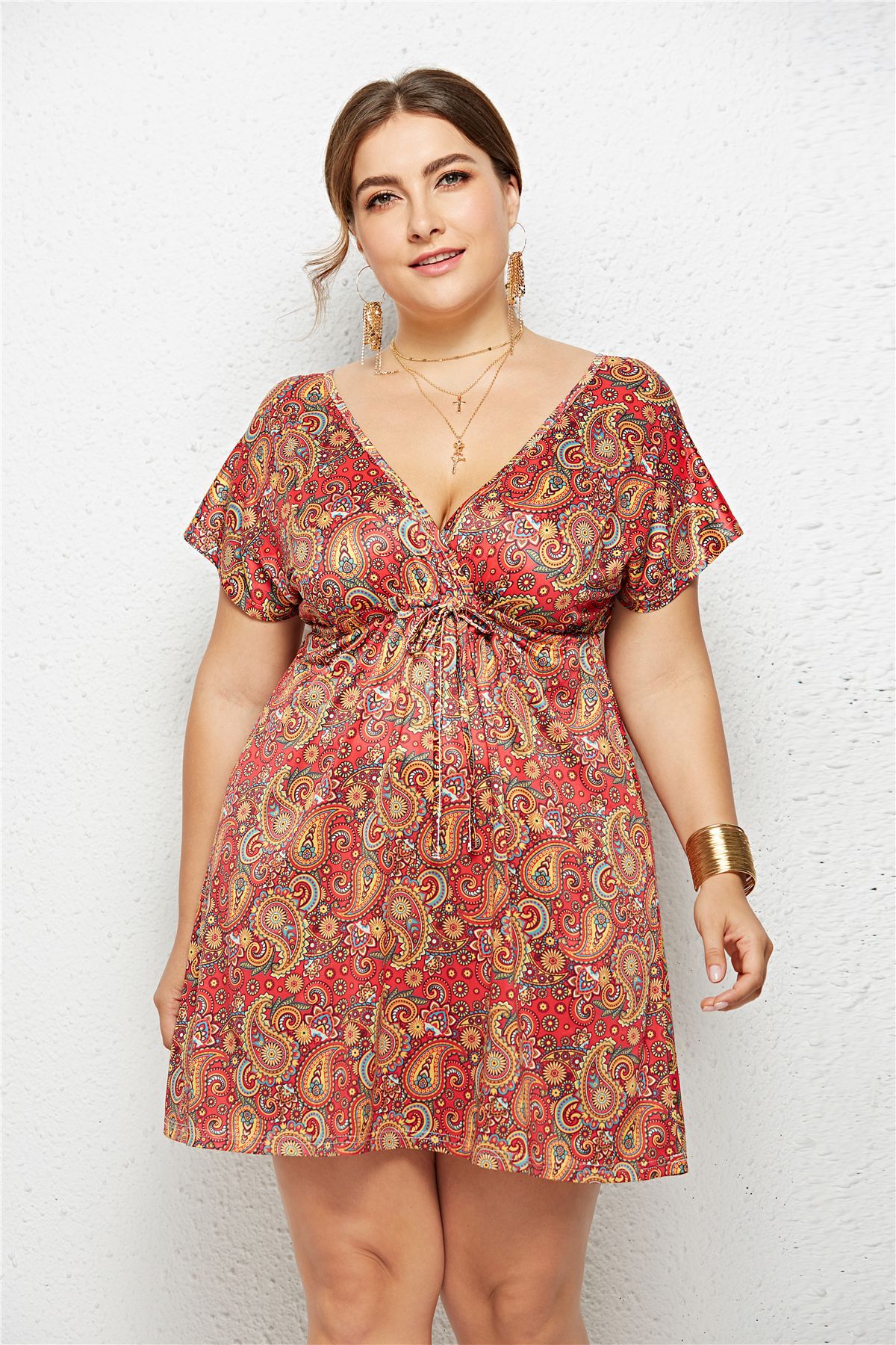 Women's Deep V-Neck Printed Dress — Elastic Waist Midi