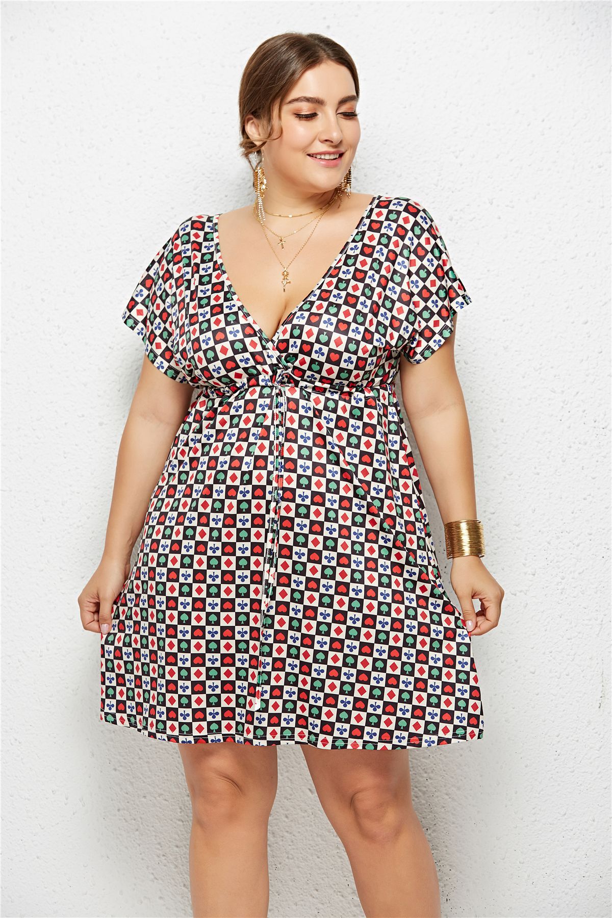Women's Deep V-Neck Printed Dress — Elastic Waist Midi