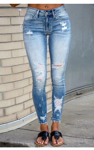 Women's Ripped Skinny Stretch Jeans — Mid-Rise Denim
