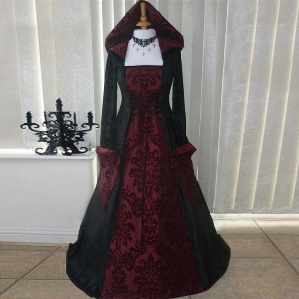 Women's Vintage Long Sleeve Hooded Swing Dress — Dramatic Maxi