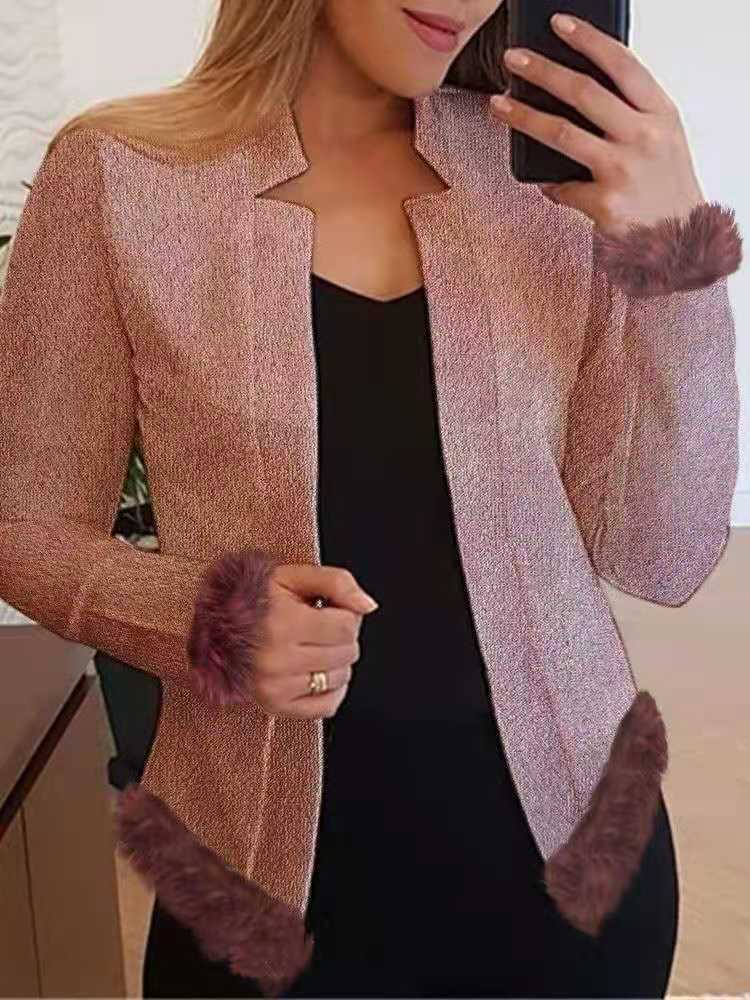 Women’s Splicing Woolen Long-Sleeved Cardigan Coat