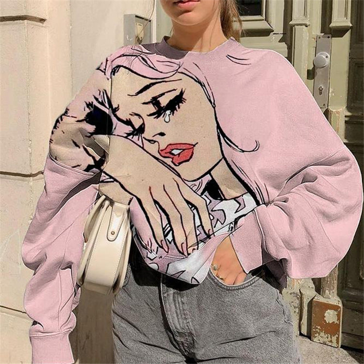 Women's Cartoon Print Long-Sleeved Round Neck Sweater