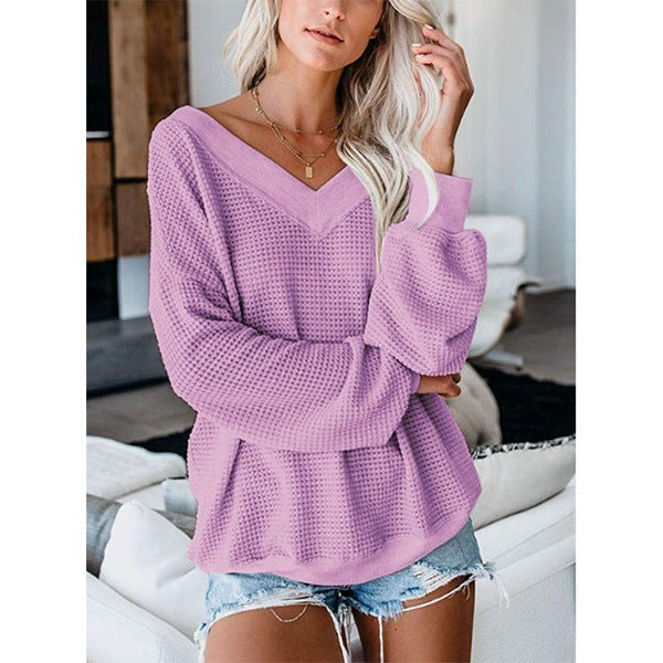 Women's Loose V-Neck Plaid Knit Sweater — Cozy Oversized Pullover