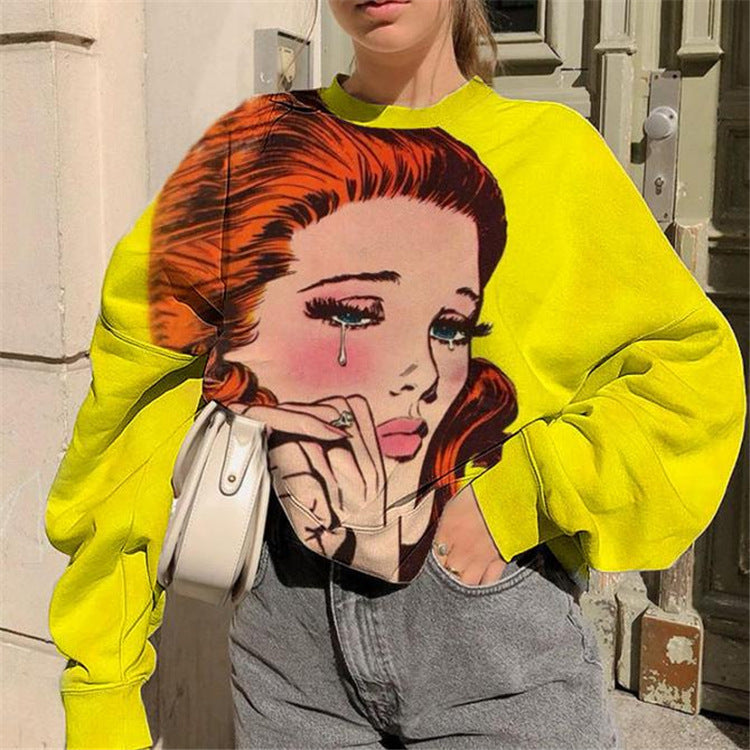 Women's Cartoon Print Long-Sleeved Round Neck Sweater