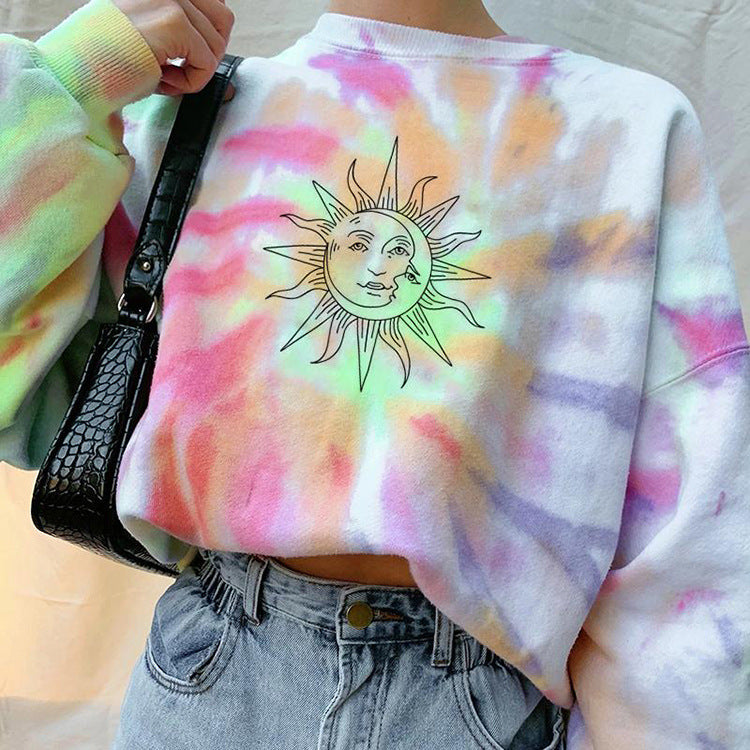Tie-Dye Printed Long-Sleeve Loose Pullover Sweatshirt