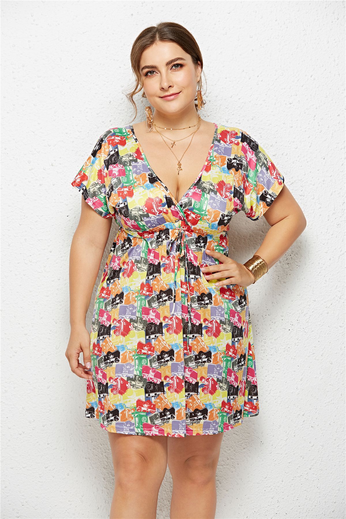 Women's Deep V-Neck Printed Dress — Elastic Waist Midi