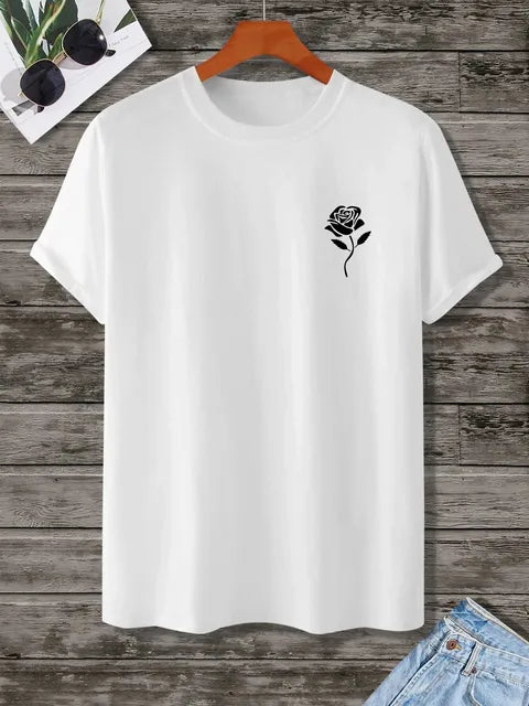 Men's Rose Print Crew Neck T-Shirt — Casual Graphic Tee
