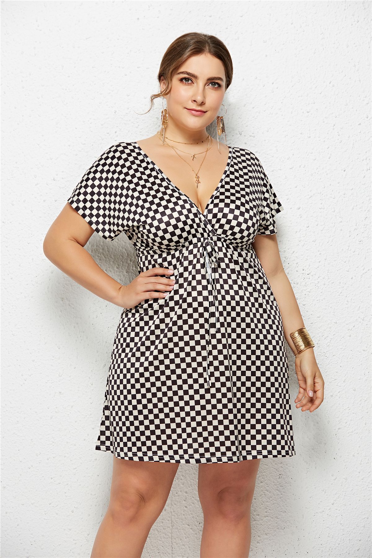 Women's Deep V-Neck Printed Dress — Elastic Waist Midi