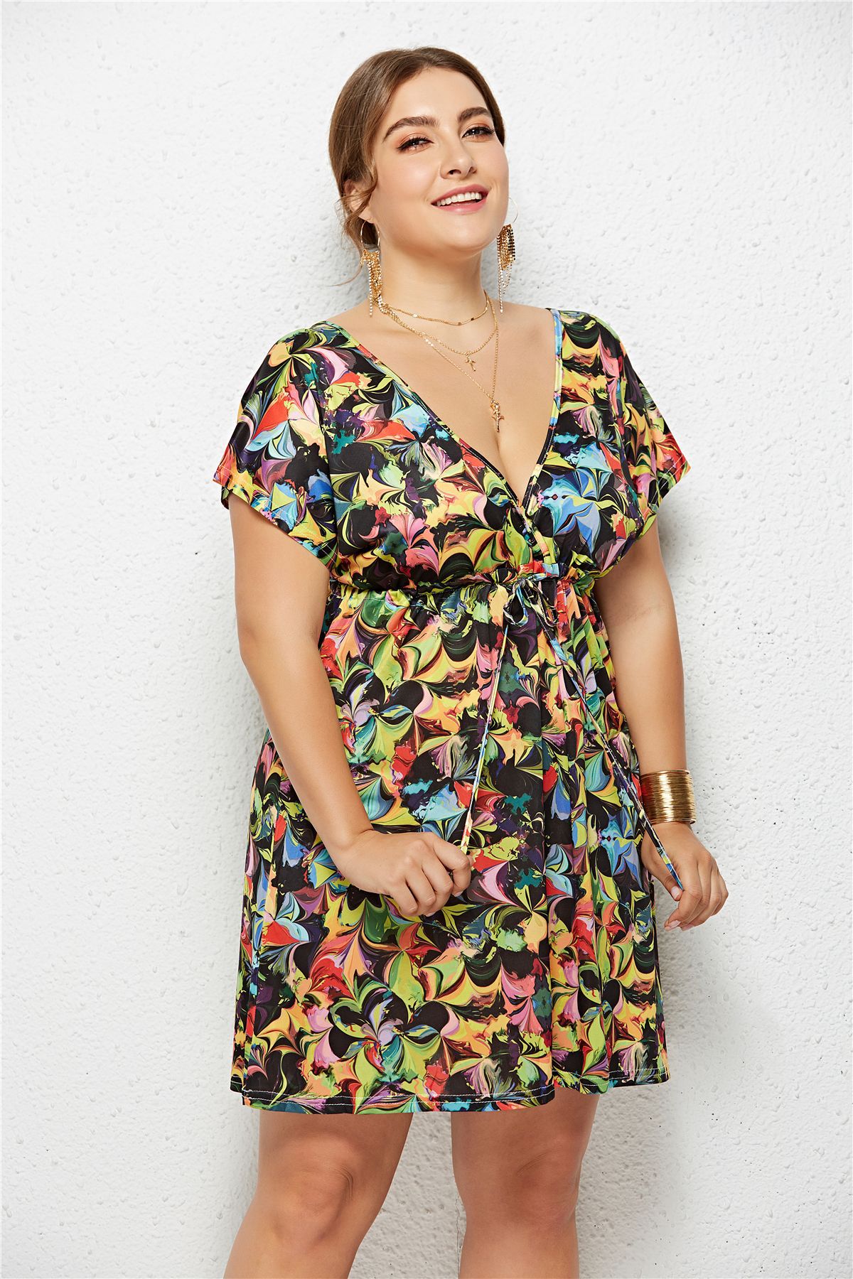 Women's Deep V-Neck Printed Dress — Elastic Waist Midi
