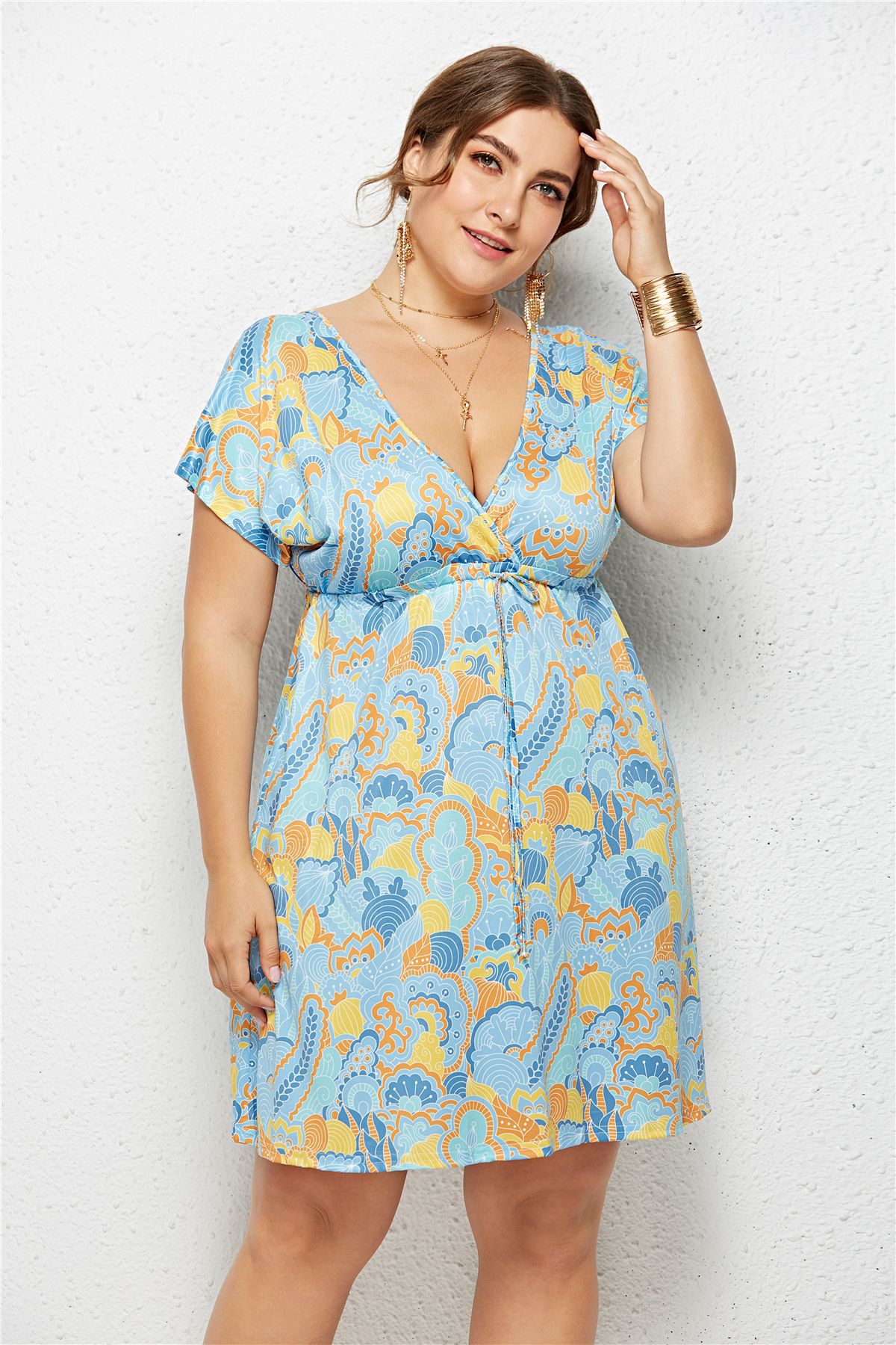 Women's Deep V-Neck Printed Dress — Elastic Waist Midi