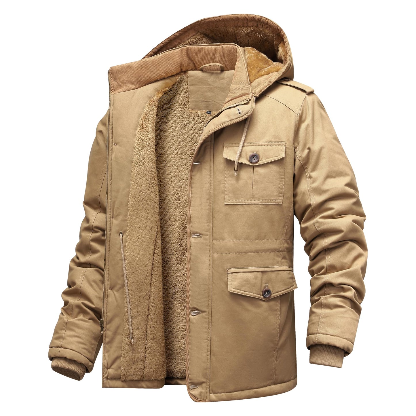 CHEXPEL Men's Fleece-Lined Cotton Winter Jacket | Removable Hood | 7 Pockets