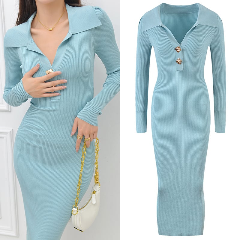 French Style Lapel Long Sleeve Dress with Metal Buckle