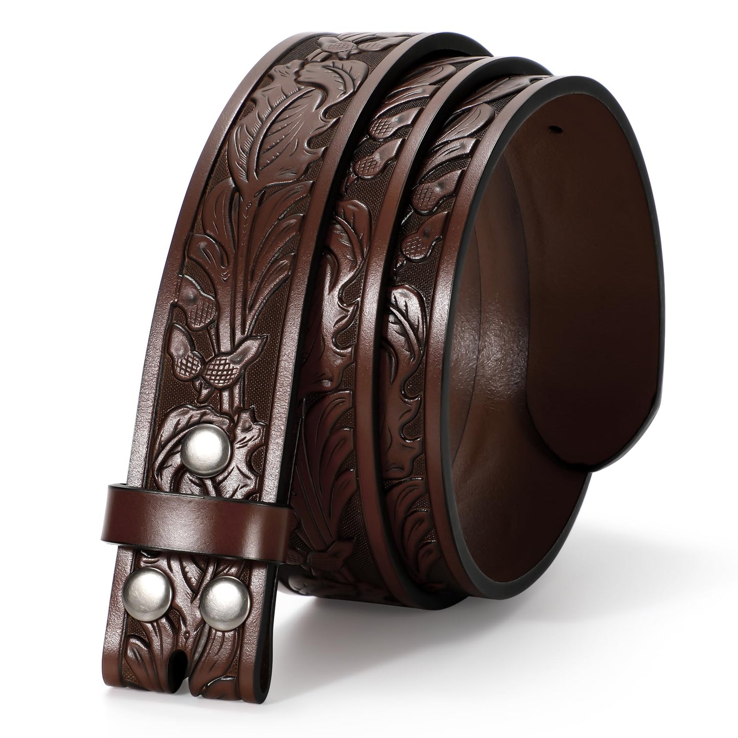TRIWORKS Western Embossed Leather Belt Strap | Snap-On | No Buckle | Unisex