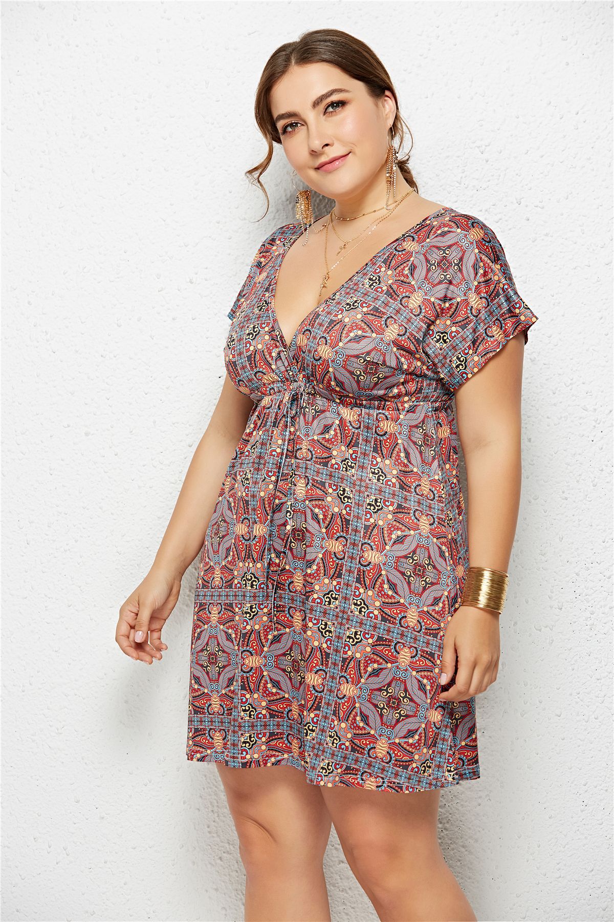 Women's Deep V-Neck Printed Dress — Elastic Waist Midi