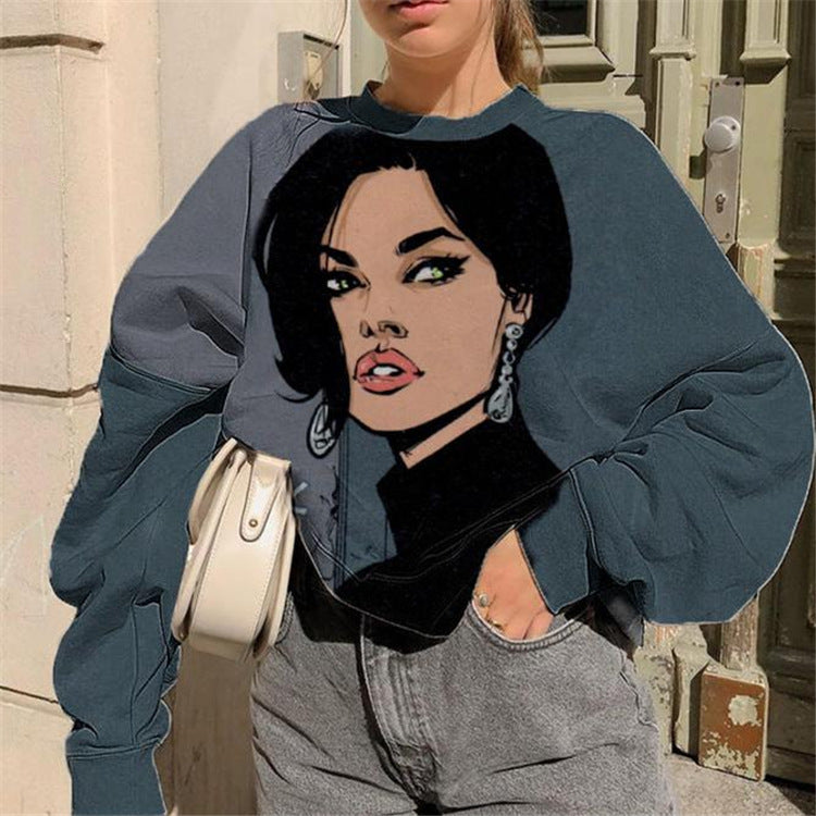 Women's Cartoon Print Long-Sleeved Round Neck Sweater