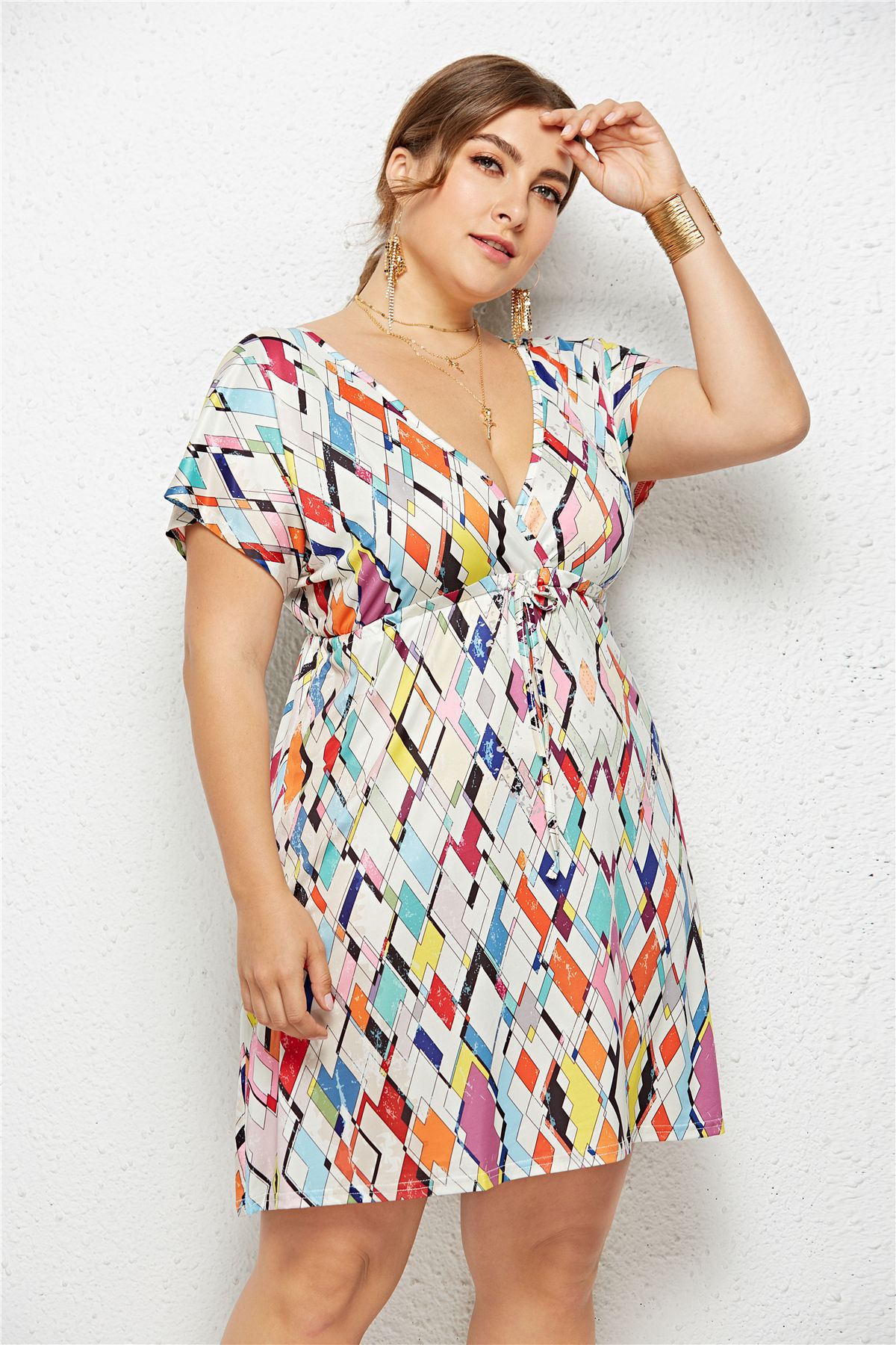 Women's Deep V-Neck Printed Dress — Elastic Waist Midi