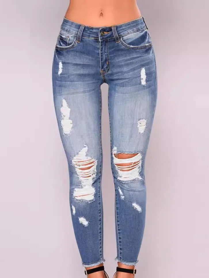 Women's Ripped Skinny Stretch Jeans — Mid-Rise Denim