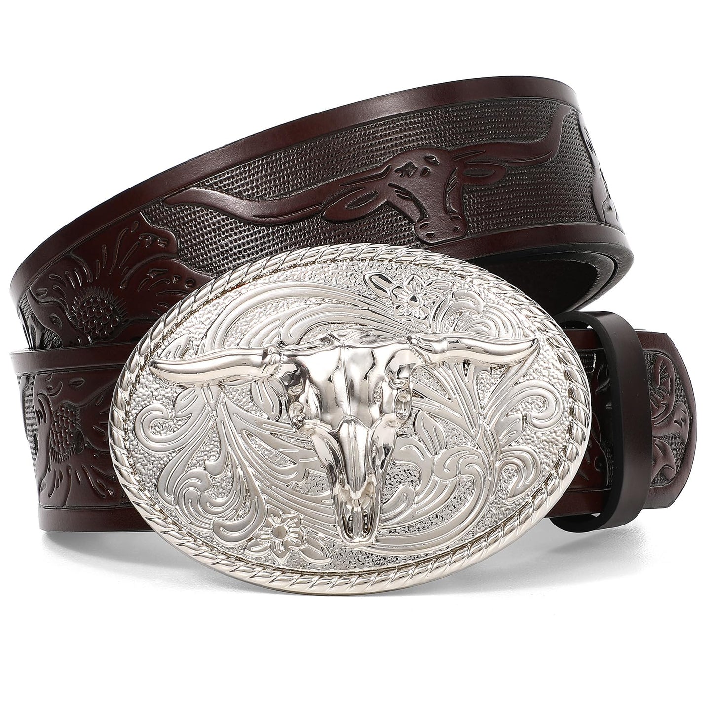 XZQTIVE Western Tooled Leather Belt | Men & Women | Silver Bull Buckle