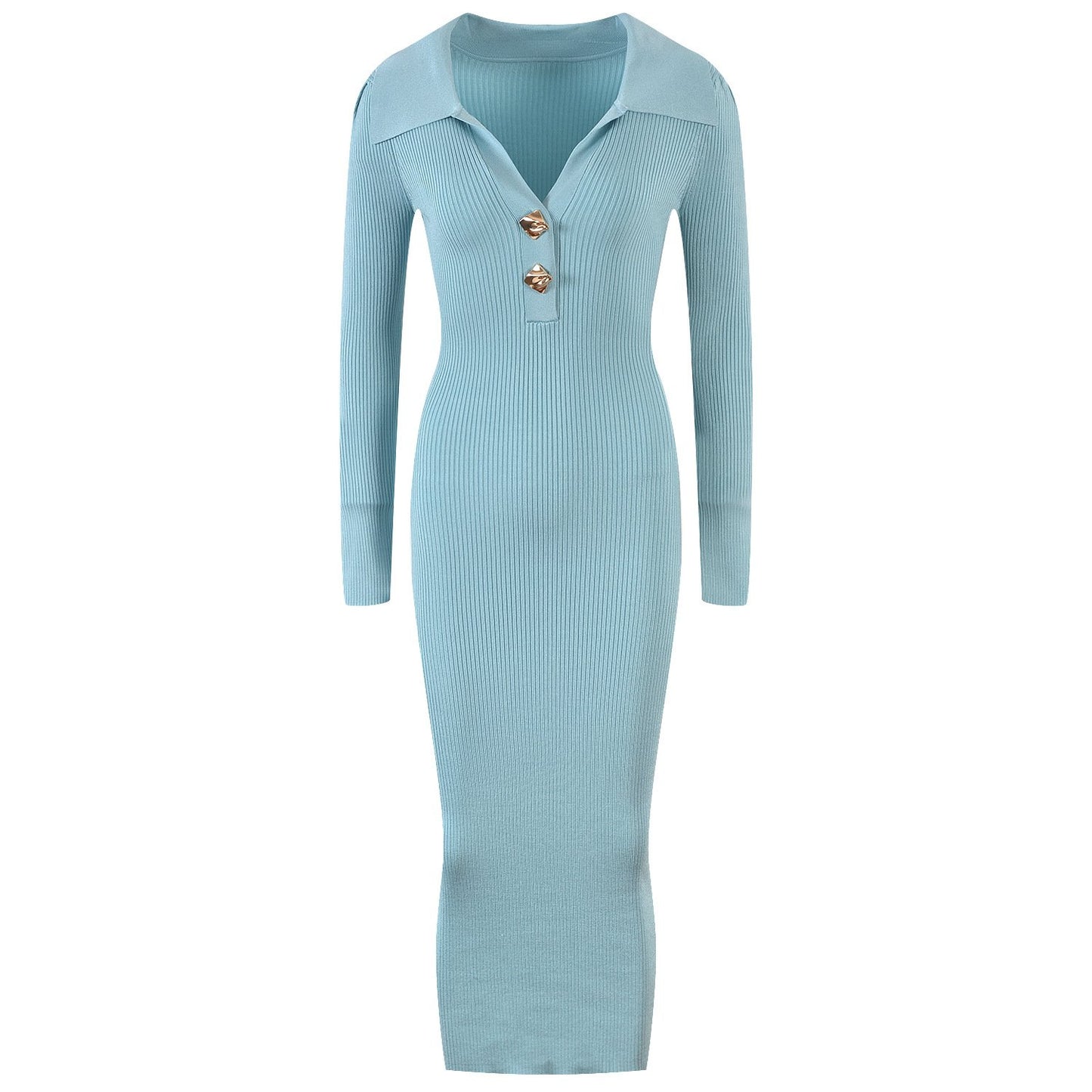 French Style Lapel Long Sleeve Dress with Metal Buckle