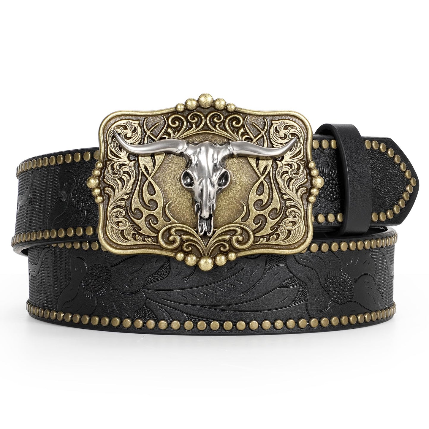 TRIWORKS Men's Western Cowboy Leather Belt | Embossed Floral | Vintage Buckle